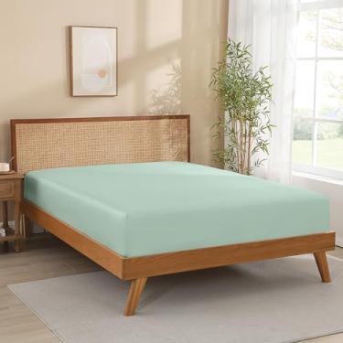 Imagem de Lençol de elástico tamanho solteiro GG, 100% viscose de bambu, trama de cetim 300 fios, macio e sedoso, resfriamento, bolso profundo de 40,6 cm, elástico redondo, sem deslizamento, sem bolinhas, verde