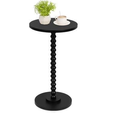 Imagem de Mesa lateral redonda, mesa de canto pequena para espaços pequenos, mesa de destaque moderna com perna de madeira maciça, fácil montagem para sala de estar, quarto, cantos e escritório (preto)