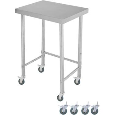 Imagem de Mesa de trabalho de aço inoxidável de 45 x 61 cm, mesa de trabalho de 136 kg, pesada, NSF, com pés ajustáveis e rodízios de bloqueio, base aberta, mesa utilitária de metal de camada única para cozinha