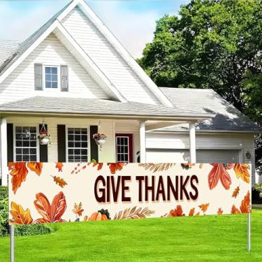 Imagem de BlissYard Give Thanks Decorações Banner Placa de varanda ao ar livre Tecido Poliéster Folhas de Outono Design de Abóboras para Interior Exterior Jardim Cerca Banner 118x20 Polegadas Artigos de Festa