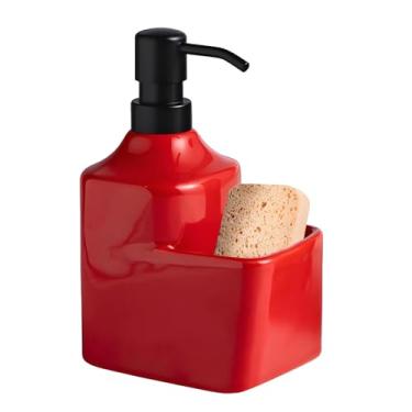 Imagem de Dispensadores de sabão de bancada de cerâmica com suporte de esponja, dispensador de sabão líquido 2 em 1 para mãos e pratos, bomba e suporte de esponja, organizador de bancada para pia de cozinha e