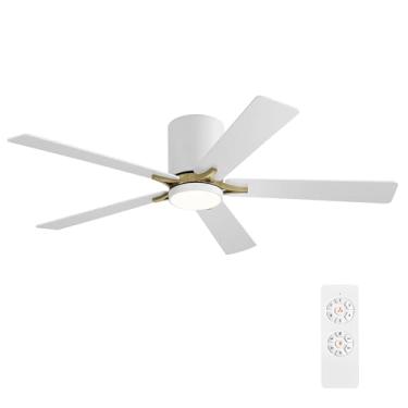 Imagem de WINGBO Ventilador de teto CC de 132 cm com luzes, 5 lâminas de compensado, motor CC reversível de 6 velocidades, 3CCT, ventilador de teto de baixo perfil para sala de estar, quarto, cozinha, branco e