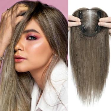 Imagem de Uaismewow Toppers de cabelo para mulheres de cabelo humano real de 35,5 cm Toppers para mulheres com queda de cabelo castanho acinzentado peças para desbaste Base de seda respirável para verão Clipe