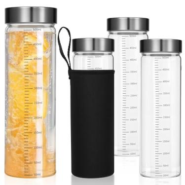 Imagem de mekueeex Garrafas de vidro para suco de 500 ml com tampas - Pacote com 4 garrafas coqueteleiras de vidro com marcação para mistura de proteína, sucos, bebidas, água, vitaminas, leite, frascos de vidro