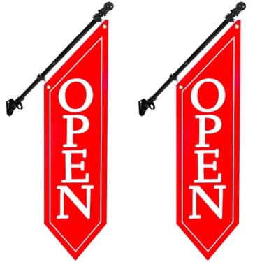 Imagem de Pacote com 2 bandeiras abertas com kit de mastro - Banner aberto de lona resistente para loja comercial, placa dupla face externa de 106 x 30 cm com suporte - Sinalização publicitária para varejo e