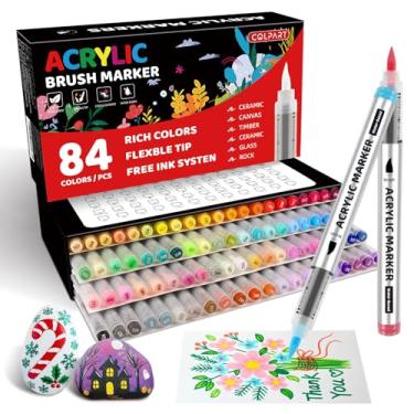 Imagem de Marcadores de tinta acrílica com ponta de pincel, 84 canetas de tinta acrílica coloridas para pintura rupestre, cerâmica, madeira, tela, vidro, pedra, tecido, confecção de cartões, bricolage e