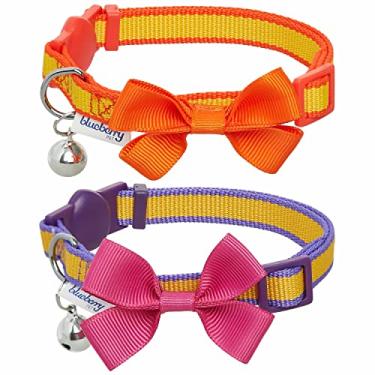 Imagem de Blueberry Pet Pacote com 2 coleiras de gato, clássico sólido ajustável Breakaway Cat Collar com sino e gravata borboleta, luz do sol, pescoço 22,8 cm a 33,0 cm