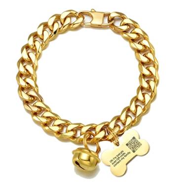 Imagem de Coleira de cachorro de ouro 18K para gatos e filhotes, aço inoxidável, gargantilha, corrente de elos cubanos, à prova de mastigação, com sino de ouro e etiqueta de osso personalizada com código QR