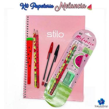 Imagem de Kit Papelaria Fofa Melancia Kawaii Caderno Lapis Borracha