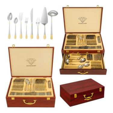Imagem de Faqueiro 84 Pçs Talheres Banhados A Ouro Maleta Madeira-Luxo Prata E Dourado Jogo De Facas