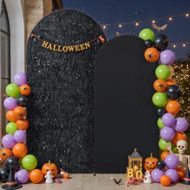 Imagem de Conjunto de 2 capas de fundo de arco preto 2 m 1,5 m, borlas metálicas brilhantes de 2 lados, suporte de arco de balão de elastano para suporte redondo Chiara, casamento, festa de aniversário, chá de