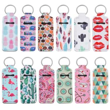 Imagem de ASUNFO 12 peças porta-batom chaveiro neoprene protetor labial manga armazenamento bolsa com anel de metal para mulheres 12 cores