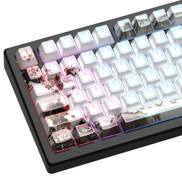 Imagem de Teclas XVX White Plum Blossom Shine Through Keycaps, Doubleshot PBT Keycap Set Cherry Profile, teclas de teclado de 142 teclas, compatibilidade universal com 60%, 65%, 75%, 100% teclado mecânico
