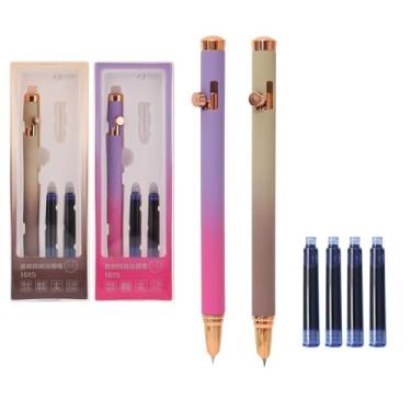 Imagem de SIPLIV 2 canetas-tinteiro de pressão, caneta-tinteiro de metal retrátil, ponta extrafina (0,38 mm) com cartuchos de tinta, marrom gradiente e rosa gradiente