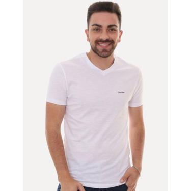 Imagem de Camiseta Calvin Klein Masculina V-Neck Logo Flamê Branca, L/G