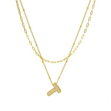 Imagem de Tasunom Colar com inicial de camada dupla, banhado a ouro 14K, pingente de letra de cristal CZ disponível, A-Z, Medium, Latão, Sem Pedra Preciosa