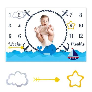 Imagem de CSFOTO Cobertor de bebê com tema náutico mensal marco oceano, baleia, barco à vela, estampa de registro de crescimento de recém-nascidos, cobertura de fundo para sessão de fotos, 152 x 101 cm com