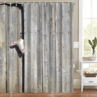 Imagem de Heevnttiy Cortina de chuveiro rústica para porta de celeiro para banheiro vintage rural tábua de madeira cortinas de chuveiro lindas ovelhas fazenda decoração de banheiro lavável tecido de poliéster