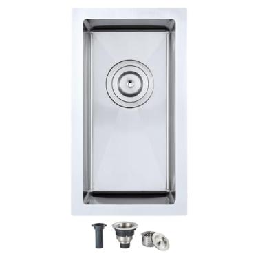 Imagem de OUGOO Pia de barra de montagem inferior de 25 x 45 cm, pia de cozinha de aço inoxidável 304 feita à mão, ralo traseiro, tigela única de 15 cm de profundidade, canto R10, para cozinha pequena, bar, pia