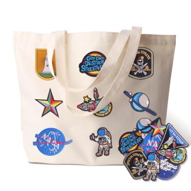 Imagem de LAUDTEC Sacola de lona estética feminina moderna com 10 peças de adesivos bordados aleatórios de aviação, bolsa de ombro reutilizável para férias, compras, trabalho, academia, ótimo presente para