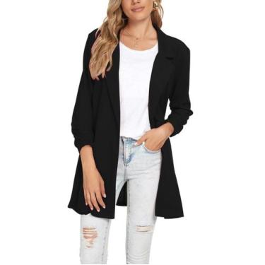 Imagem de Blazer feminino Unifizz, franzido, manga 3/4, frente aberta, preto