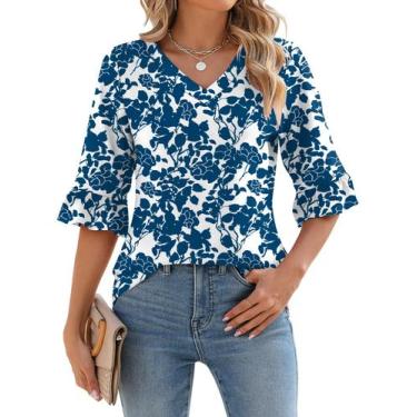 Imagem de Blusa túnica LOMON feminina manga 3/4 com decote em V azul branca S
