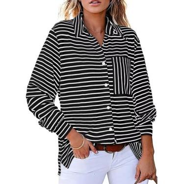 Imagem de Camisa Uma elegante blusa listrada com botões com decote em V para mul