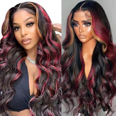 Imagem de MARRY MOON Perucas frontais bordô 33 x 15 cm, sem cola, pré-arrancadas, loiro vermelho, destaque, Omber Lace Front Wigs 180% densidade Wear and Go Wigs 55 cm