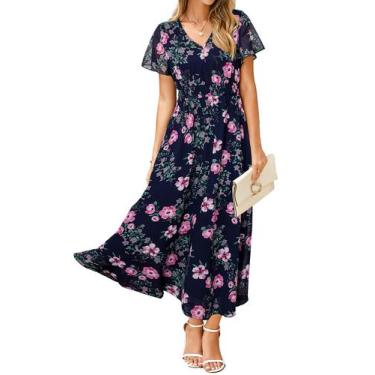 Imagem de Vestido maxi Simplee, vestuário floral, azul marinho, chiffon para mul