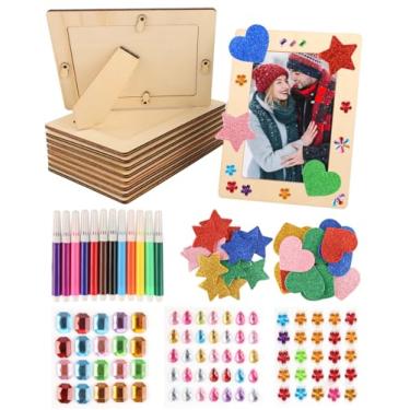 Imagem de Pacote com 10 molduras de madeira para artesanato, molduras de madeira inacabadas para fotos de 10 x 15 cm, molduras de madeira com 3 folhas de adesivos de diamante de cristal, 2 sacos de adesivos EVA