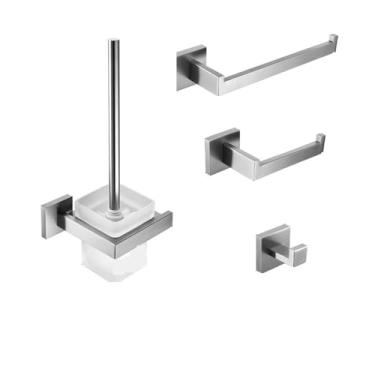 Imagem de Ferragens de banheiro acessórios de ferragens de banheiro conjunto de barra de toalha de aço inoxidável 304 gancho quadrado de roupas suporte de toalha de papel escova de vaso sanitário elegante