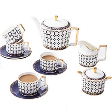 Imagem de Conjunto de chá de porcelana para xícara de chá e pires, conjunto de xícaras de café, utensílios de mesa de serviço de chá com bule de chá, açucareiro, jarra de creme