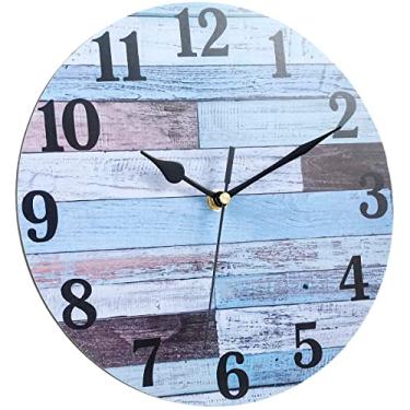 Imagem de RWWPJLLWHR Relógio de parede de madeira de 25,4 cm relógio silencioso sem tique-taque relógio retrô de praia redondo operado por bateria relógio azul com tema costeiro relógio decorativo para cozinha