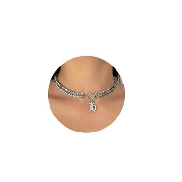 Imagem de ADEMISHIA Colar feminino com inicial inglesa antiga em ouro 18 K, delicado pingente A-Z com corrente cubana de aço inoxidável, gargantilha grossa, colar gargantilha para presente de Halloween e Natal