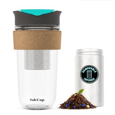 Imagem de SoleCup. Caneca de viagem grande, infusor de chá solto - coador de chá removível com tampa à prova de derramamento - 530 ml, copo de café de viagem de vidro reutilizável sem BPA com faixa de cortiça