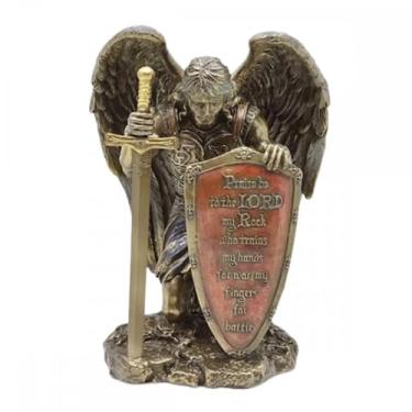Imagem de São Miguel Arcanjo Estatueta Decorativa Guerreira Celestial, Bronze Envelhecido, Anjo com Espada e Escudo, Decoração Religiosa Medieval