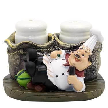 Imagem de Conjuntos de saleiro e pimenteiro, estátua decorativa de chef sentado, organizador de especiarias, potes de temperos de vidro com suporte, estatueta de presente para família, cozinha, restaurante