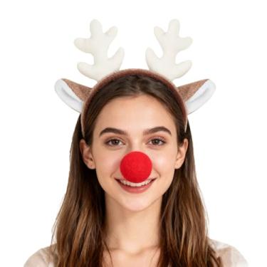 Imagem de LEKTIST Tiara de chifres com chifres de rena de nariz vermelho Rudolph, chifres de nariz vermelho, acessório de cabelo para festa de Natal, Marrom, branco, tamanho �nico