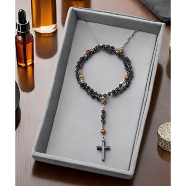 Imagem de 1 colar retrô feito à mão com pedra preciosa natural de cristal amarelo olho de tigre vulcânica pedra vulcânica obsidiana santa oração hematita cruz pingente rosário - para homens, mulheres, perfeito