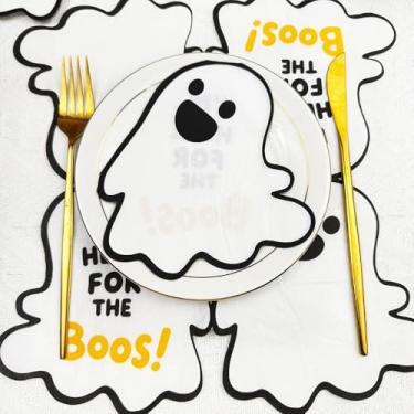 Imagem de 20 guardanapos descartáveis em forma de fantasma para o Dia das Bruxas - Conjunto com Boo! Utensílios impressos e jogo americano assustador, configuração de mesa assombrada, branco