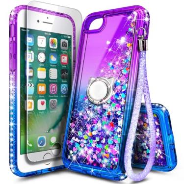 Imagem de Capa NGB projetada para iPhone 5/5S/iPhone SE (1ª geração 2016), roxa/azul | Capa fofa com glitter líquido para mulheres, meninas e crianças | com protetor de tela de vidro temperado, suporte de anel