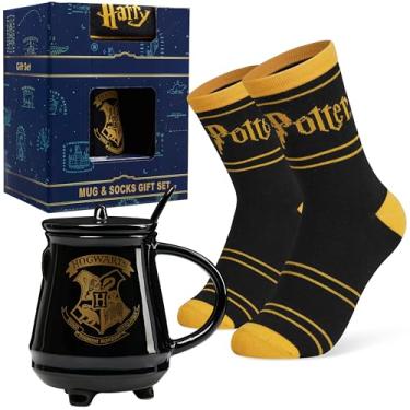 Imagem de Harry Potter Conjunto de presente caneca/meias - Caneca de cerâmica com tampa/colher e meias Hogwarts - 450 ml - Tamanho único - Presentes secretos de Papai Noel para ela