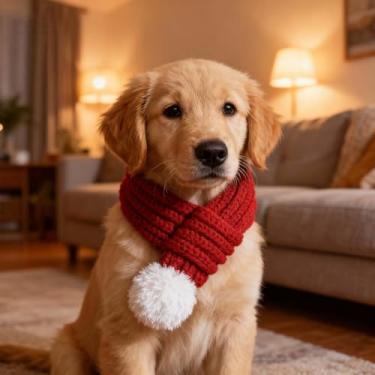 Imagem de Cachecol de Natal para cães, bandana de malha para animais de estimação e acessório de fantasia de festa de fim de ano
