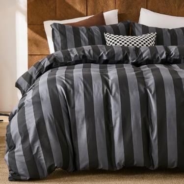 Imagem de Merryword Conjunto de capa de edredom listrado preto e cinza tamanho Queen - Conjunto de cama 100% algodão com zíper e laços de canto, conjunto de cama luxuoso de 3 peças para todas as estações