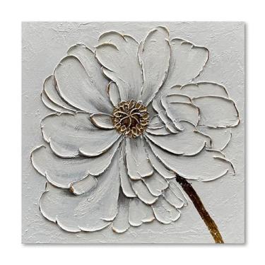 Imagem de Diathou Arte 61 x 61 cm Pintura a óleo de flor branca com textura dourada pintada à mão. Arte abstrata moderna. Adequado para decoração em paredes da sala de estar, quarto ou escritório