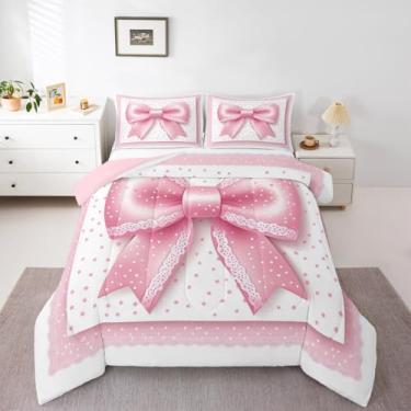 Imagem de Castle Fairy Jogo de cama casal com laço rosa, estampa kawaii, reversível, respirável, de poliéster, com bolinhas fofas de renda, xadrez, 2 fronhas