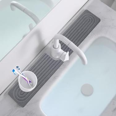 Imagem de comfoyar Tapete de pedra para lava-louça de cozinha, tapete torneira de diatomita de secagem rápida e protetor de pia de salpicos, bandeja de pedra absorvente para casa de banho, 60 × 10 cm, cinzento