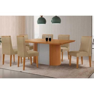 Imagem de Conjunto Sala de Jantar Pilar c/ Tampo Madeirado Canto Curvo 180x90cm e 6 Cadeiras Dakota Madeira Maciça Naturale/Off White - Capuccino/Linho Bege-Ruf