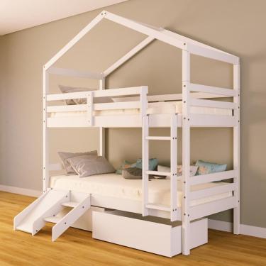 Imagem de Beliche Solteiro Casinha com Gavetas e Kit Escada/Escorregador Madeira Maciça Branco Megamobilia