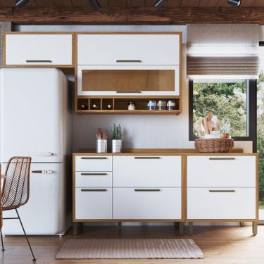 Imagem de Armário de Cozinha com Balcão e Tampo 6 Portas 4 Gavetas Pérola 100% Mdf Vidro Reflecta Amêndoa/Branco - Pnr Móveis